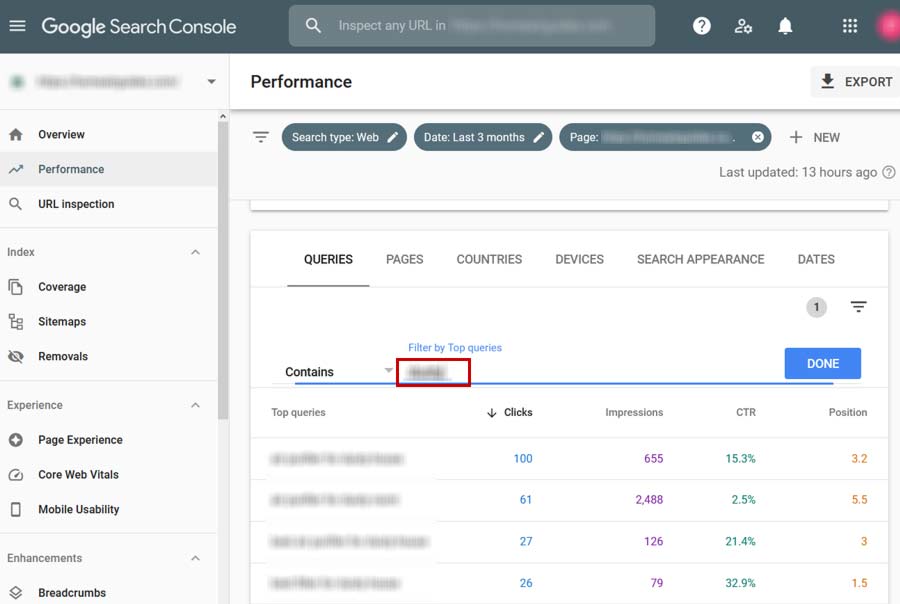 Google Search Console filter queries by keyword