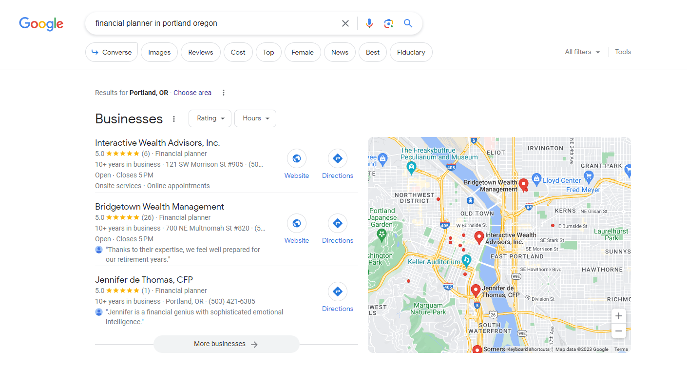 Google Map Pack example for financial planner in Portland