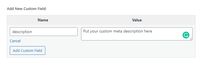 Add WordPress description custom field