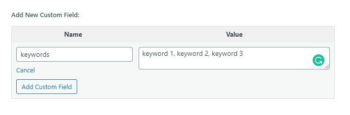Add WordPress keywords custom field