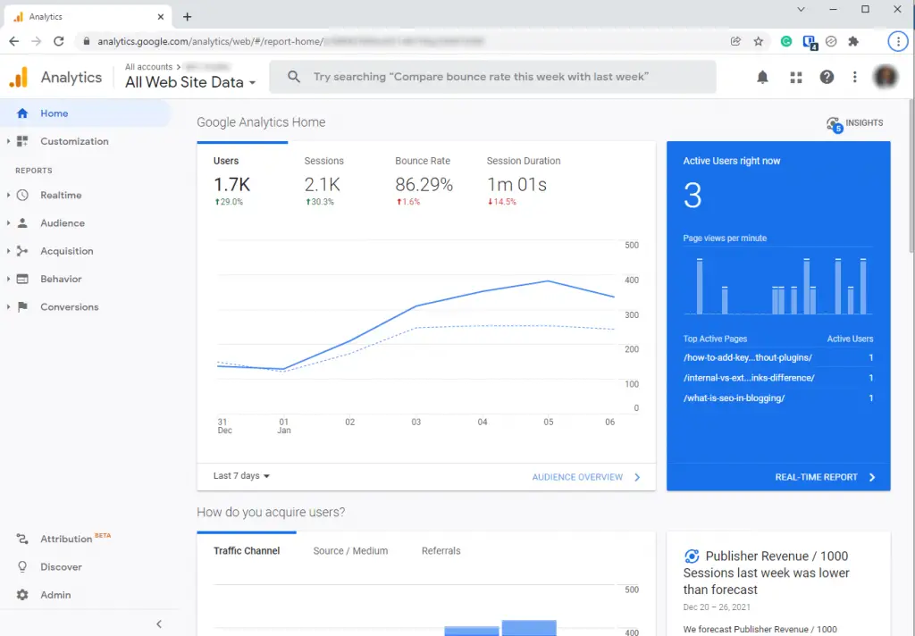 Google Analytics Account Homepage