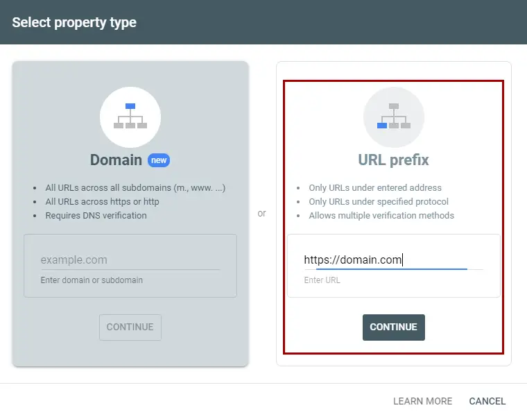 Google Search Console URL Prefix Step