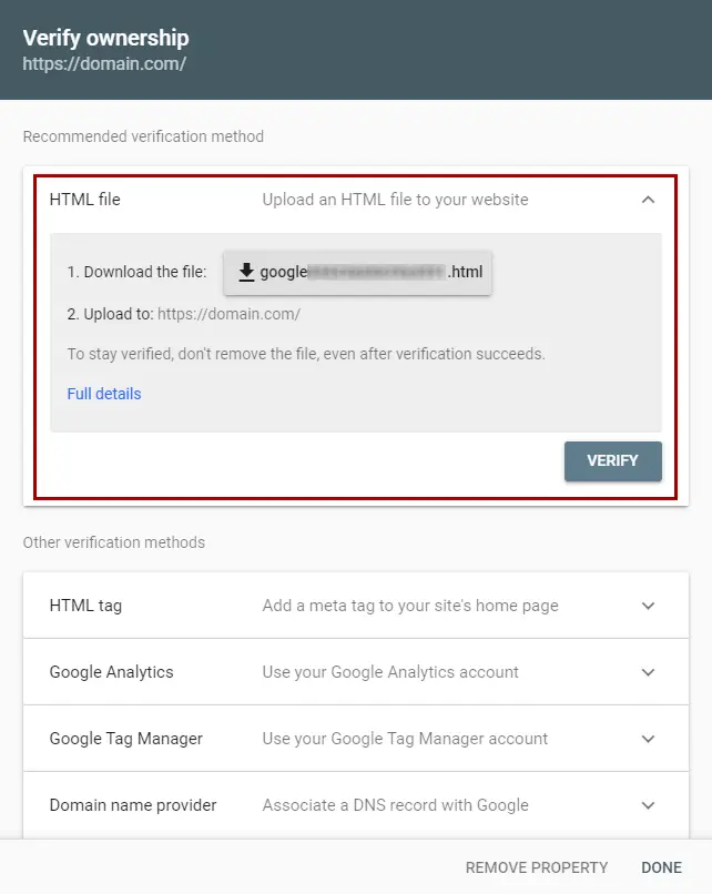 Google Search Console Verify Ownership Step