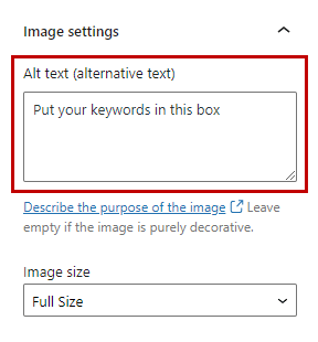 How do I add keywords to an image in WordPress using the ALT text box