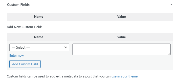WordPress custom fields section