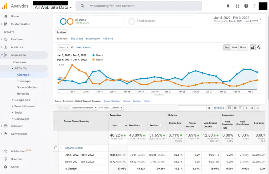 Organic searches in Google Analytics