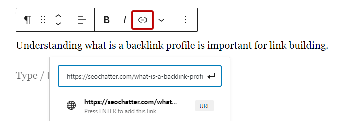 Step 4: Add backlink in WordPress link insertion