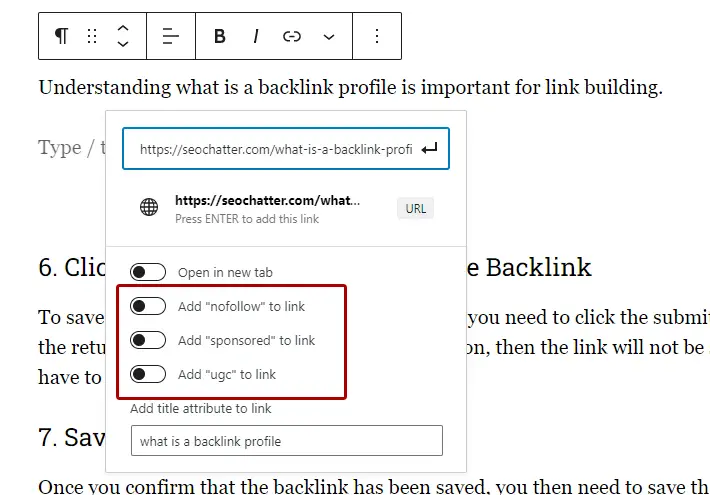 Step 5: Add a backlink in WordPress rel attribute options