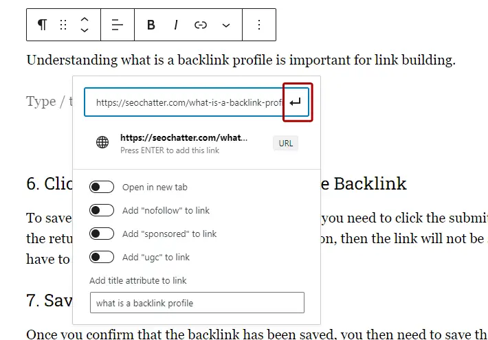 Step 6: Add a backlink in WordPress submit button to save the hyperlink