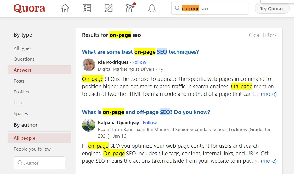 Quora answers on-page SEO example