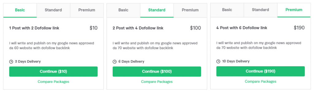 SEO on Fiverr gig packages example