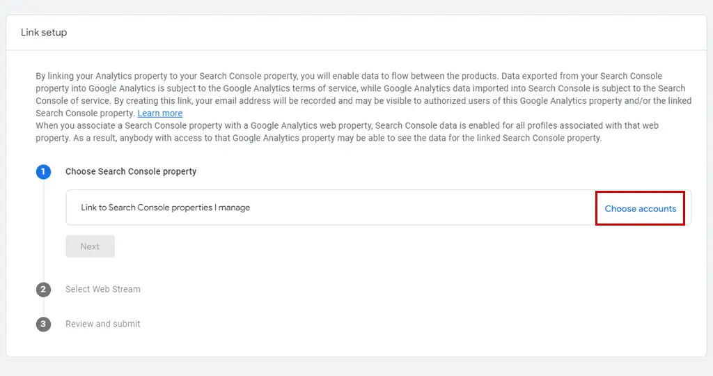 Google Analytics 4 (GA4) Choose Accounts Step