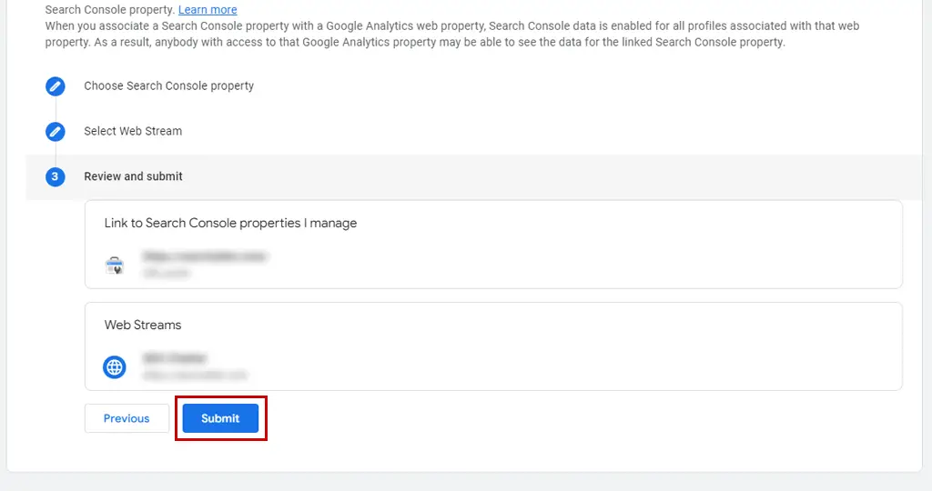 Google Analytics 4 (GA4) Review and Submit Step