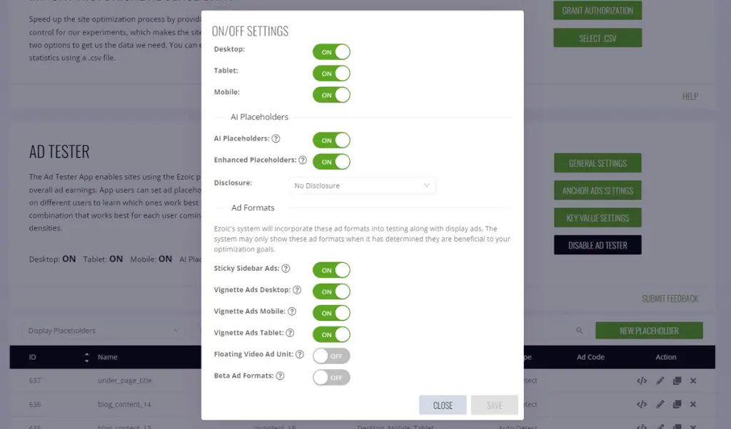 Ezoic ad revenue tester settings