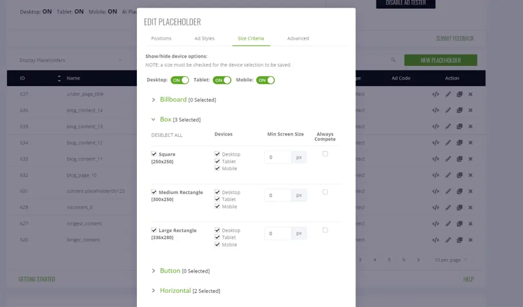 Ezoic monetization ad sizes