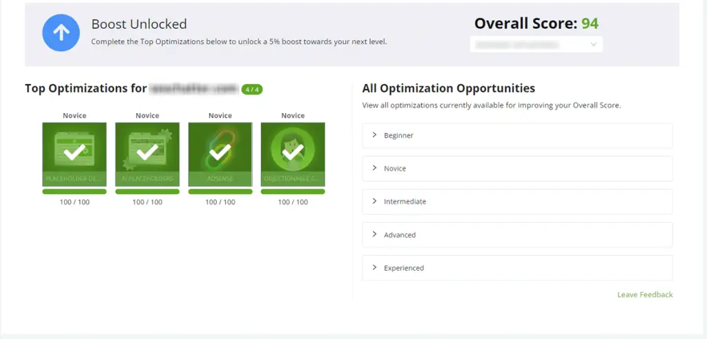 Ezoic site scores dashboard