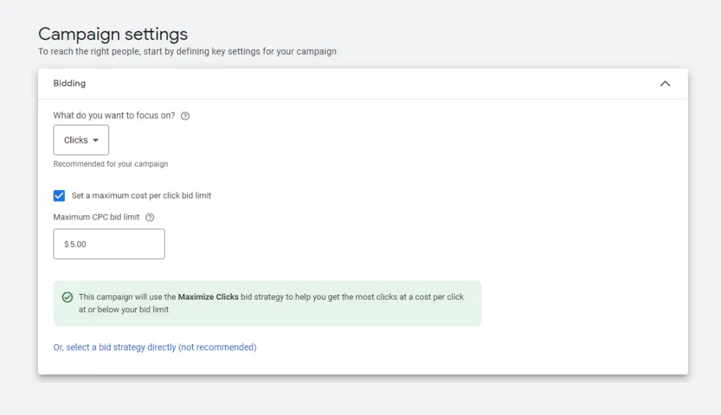 Step 3: keyword bidding section in campaign settings