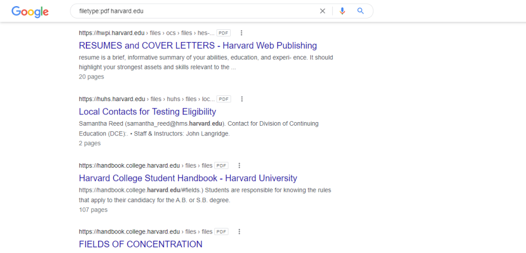 Find PDF files in Google for website (Harvard.edu)