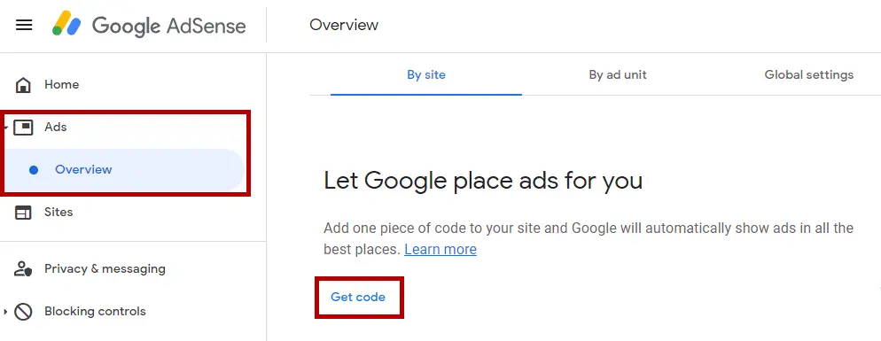 Get Google Ads on website AdSense dashboard