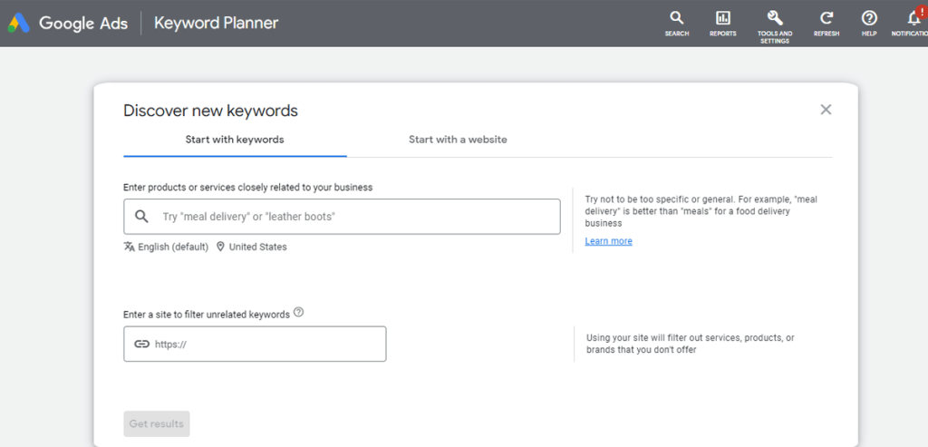 Google Keyword Planner tool