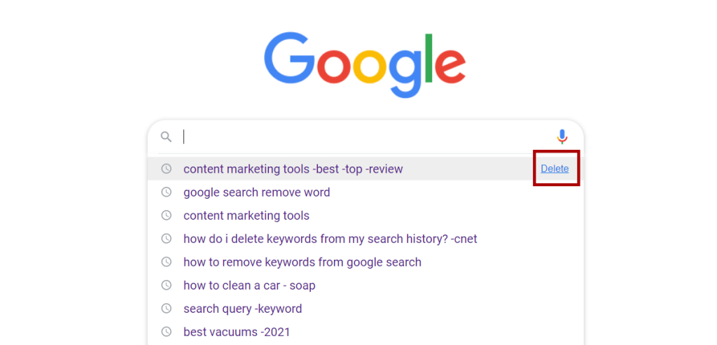 How to delete keyword search history example