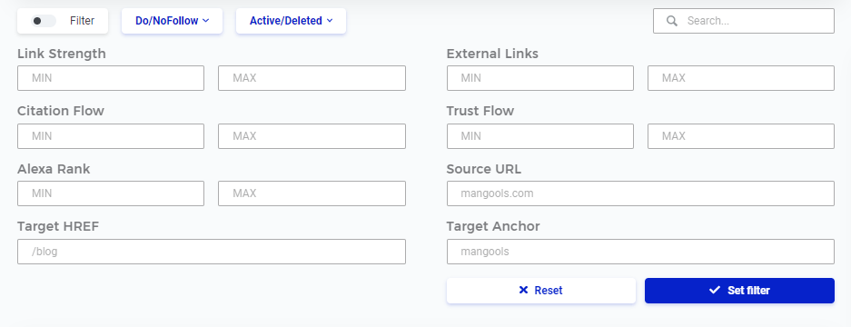 LinkMiner Filter Menu