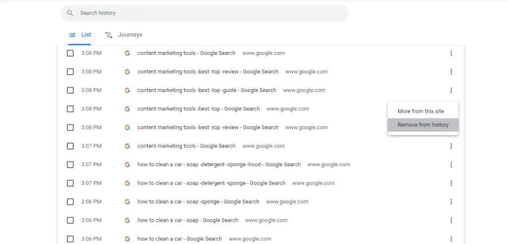 Remove words from Google search history page