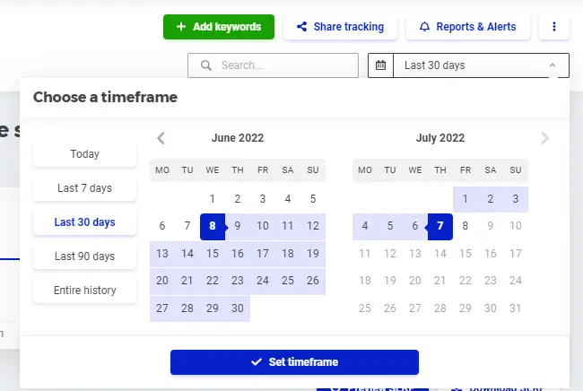 SERPWatcher Timeframe Selector