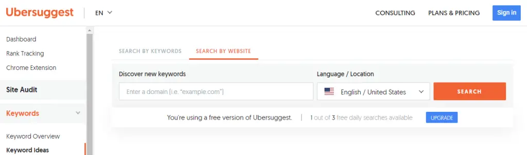 Ubersuggest free keyword ideas feature