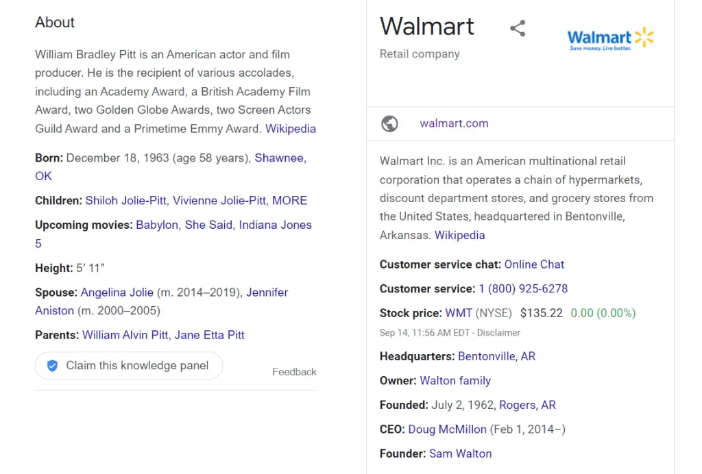 Knowledge Panels Example: Brad Pitt and Walmart