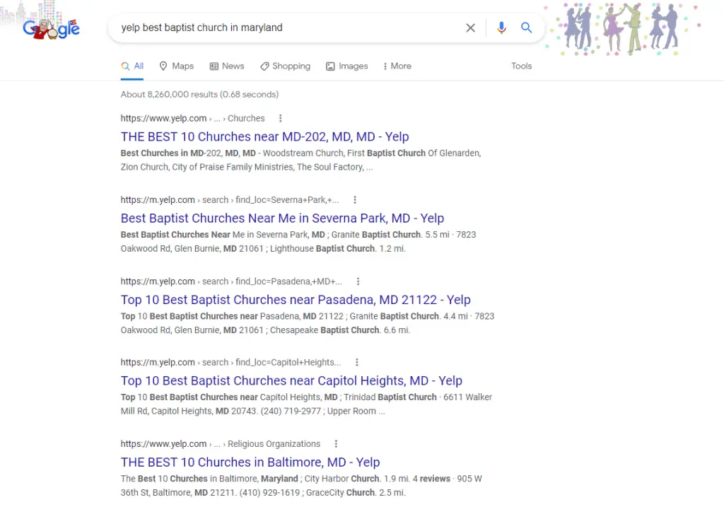 Local SEO for churches: Yelp example listings in Google