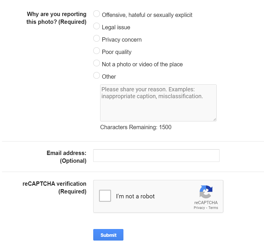 Remove customer photos from Google Business form