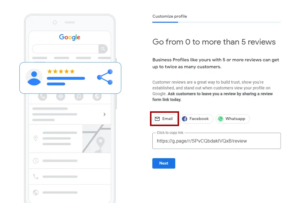 Share Google Business review link by email button