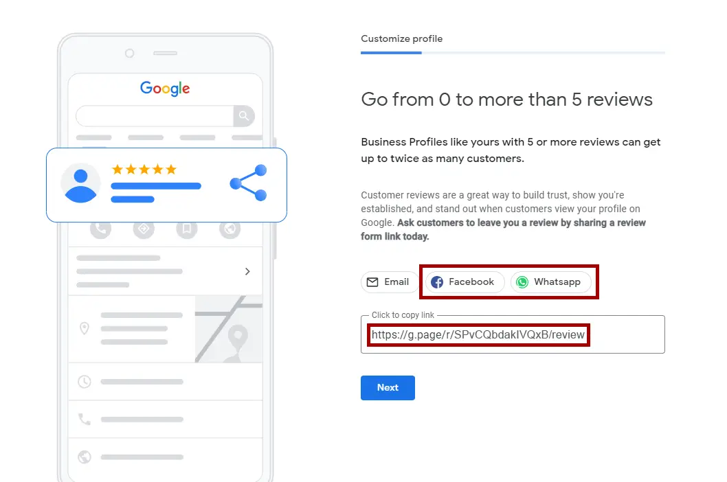 Share Google review link social options