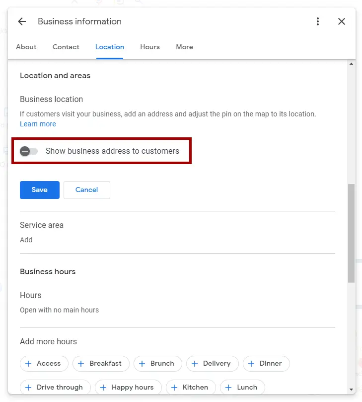مرحله 6: آدرس کسب و کار را در Google Toggle Switch پنهان کنید