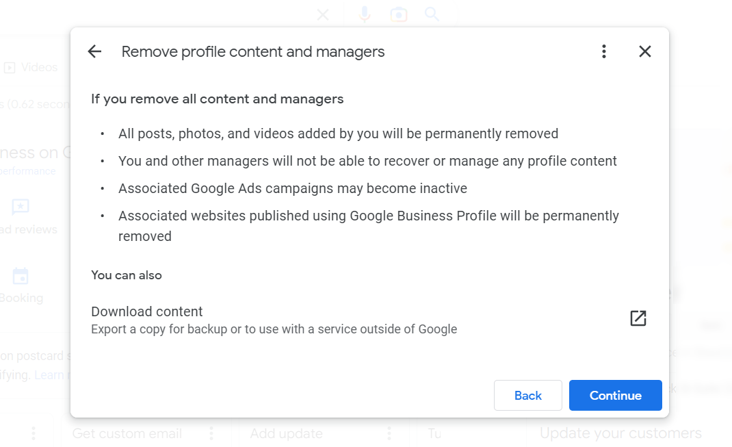 Step 6: Remove Google My Business account Continue Button