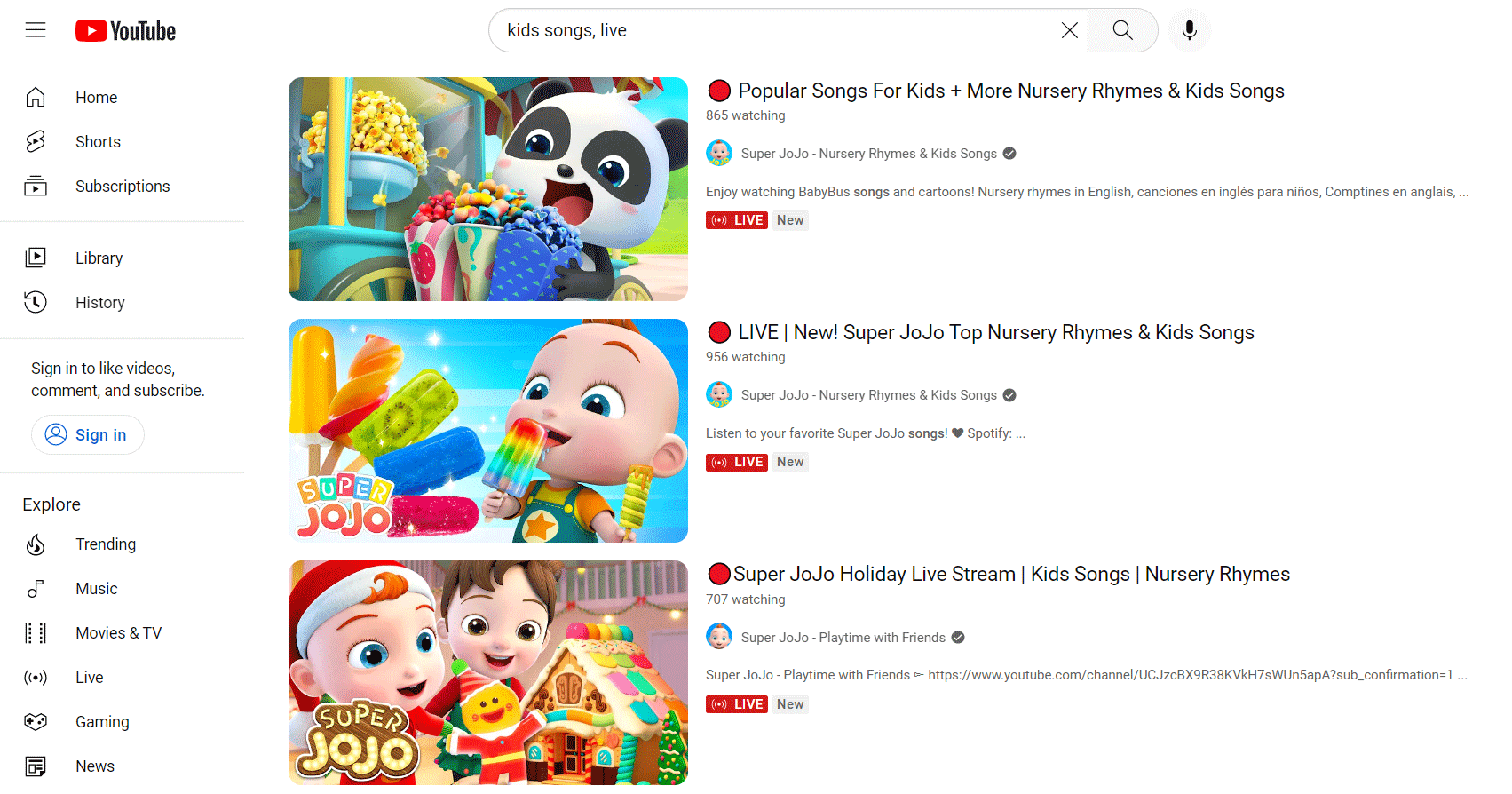 Advanced search command example: kids songs, live