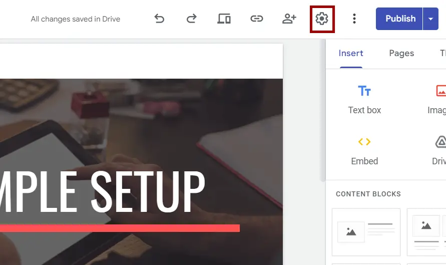 Step 5: Google Sites settings icon