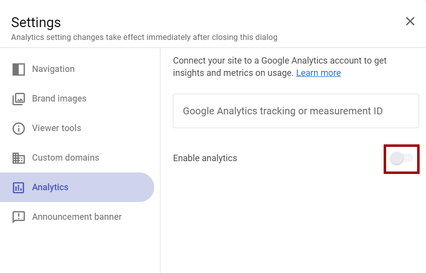 Step 8: Enable Analytics for Google Sites Toggle Switch