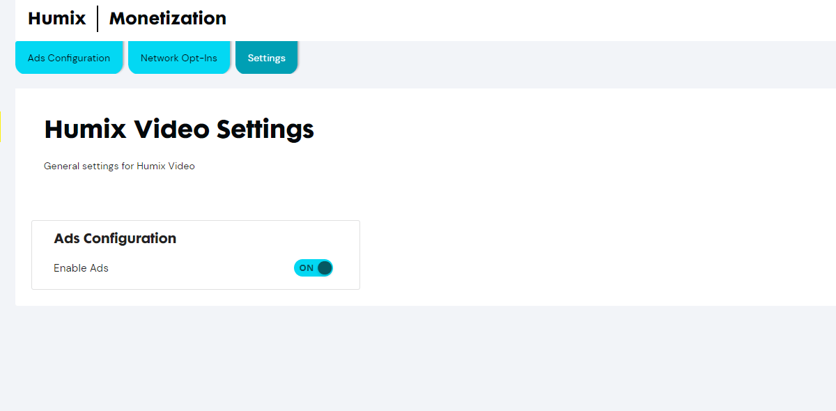 Humix Monetization Settings Screen