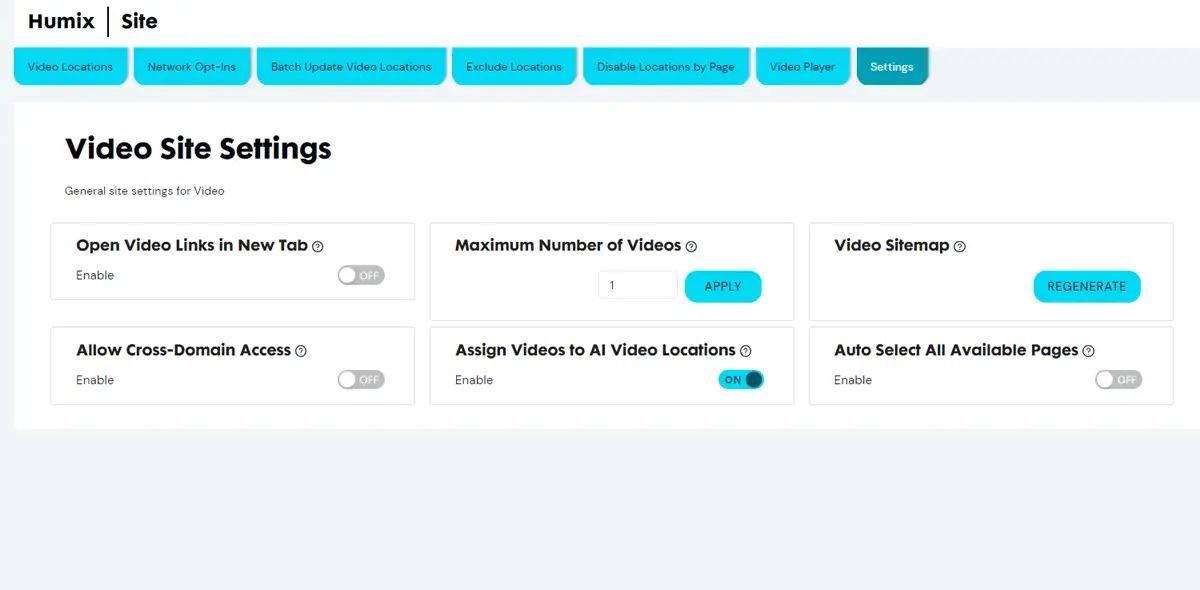 Humix Site Settings Screen