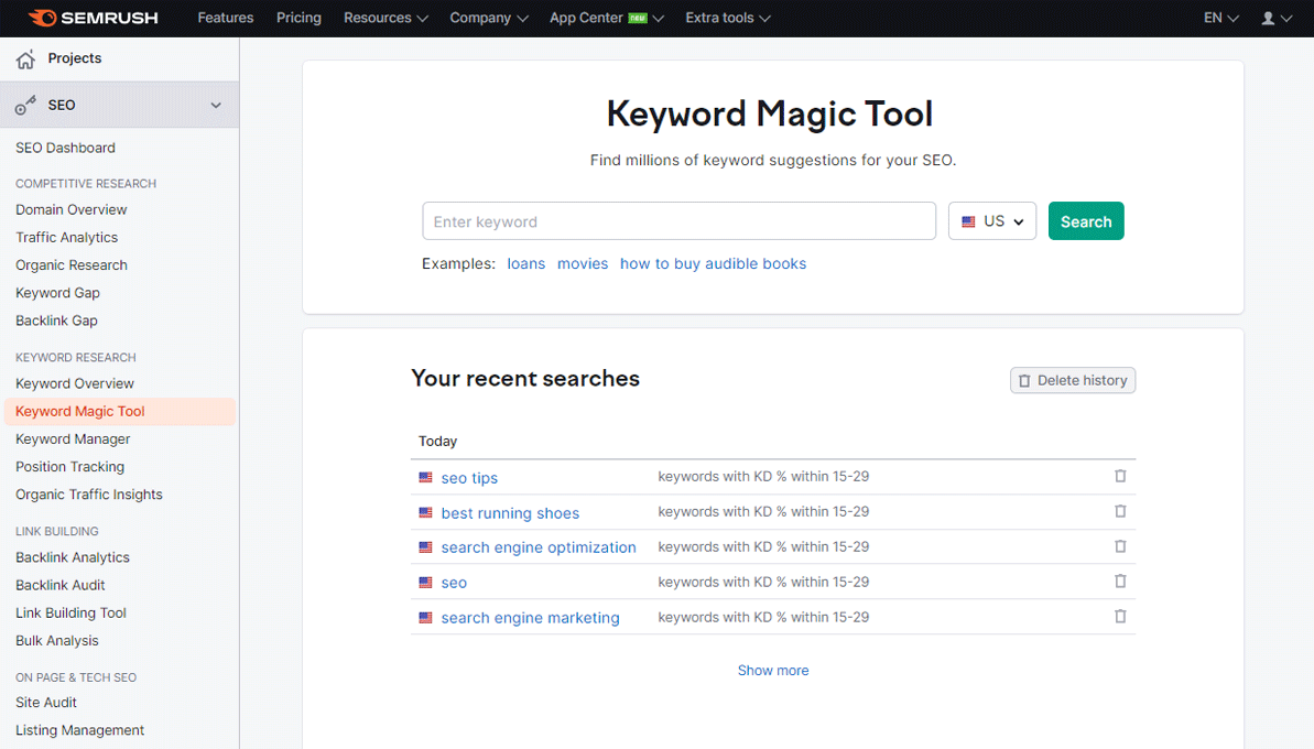 Semrush Keyword Magic Tool Dashboard