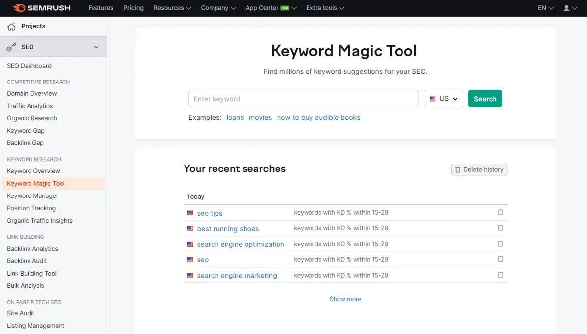 Semrush Keyword Magic Tool Dashboard