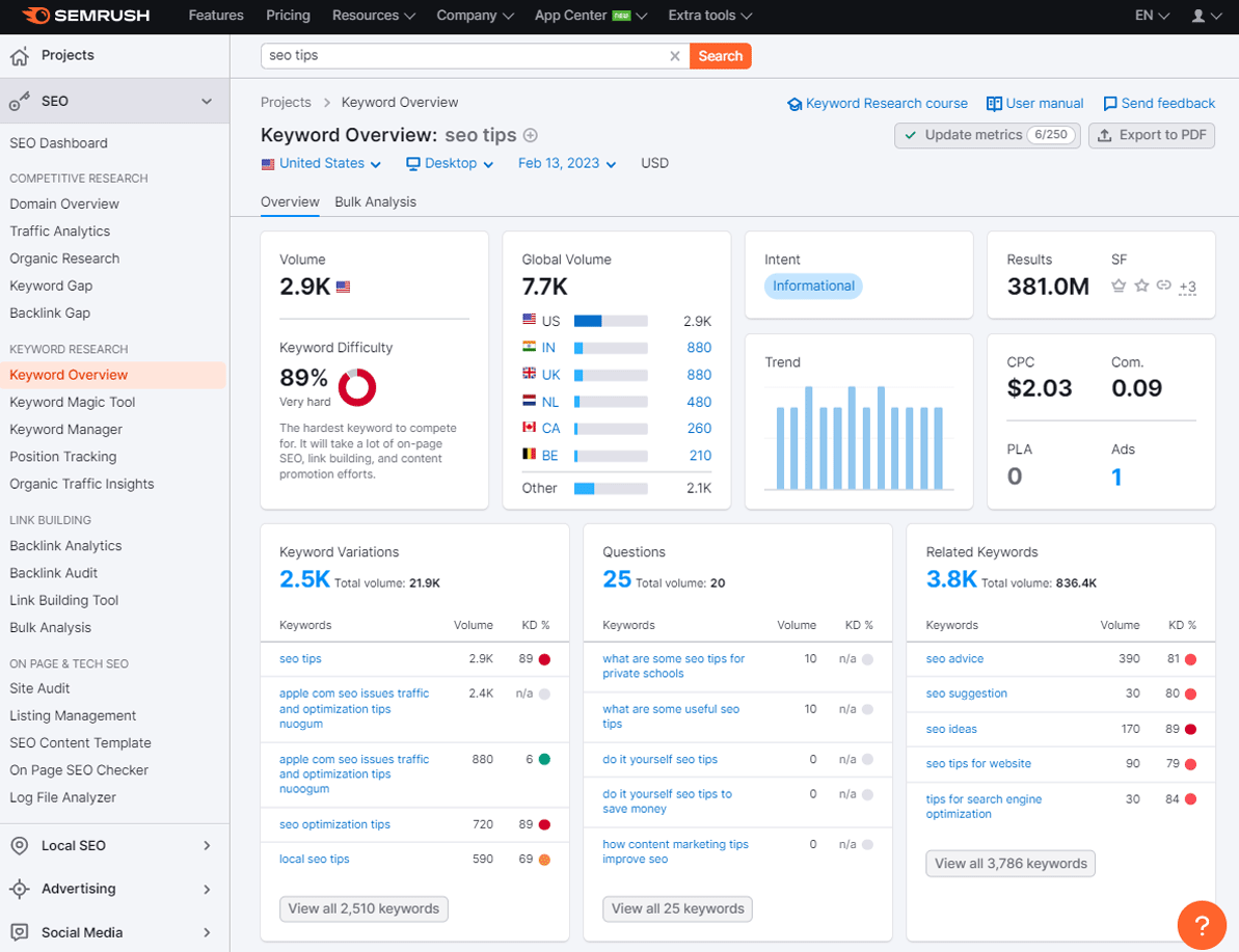 Semrush Keyword Overview Report for SEO Tips