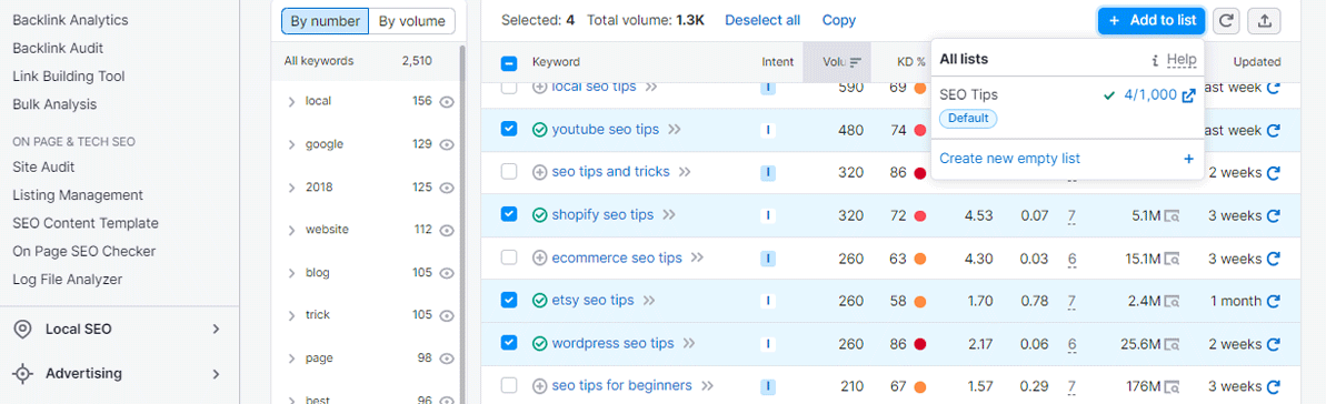 Semrush save keywords to list feature