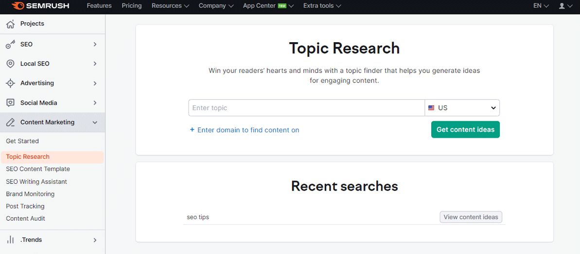 Semrush Content Marketing Topic Research Tool Dashboard
