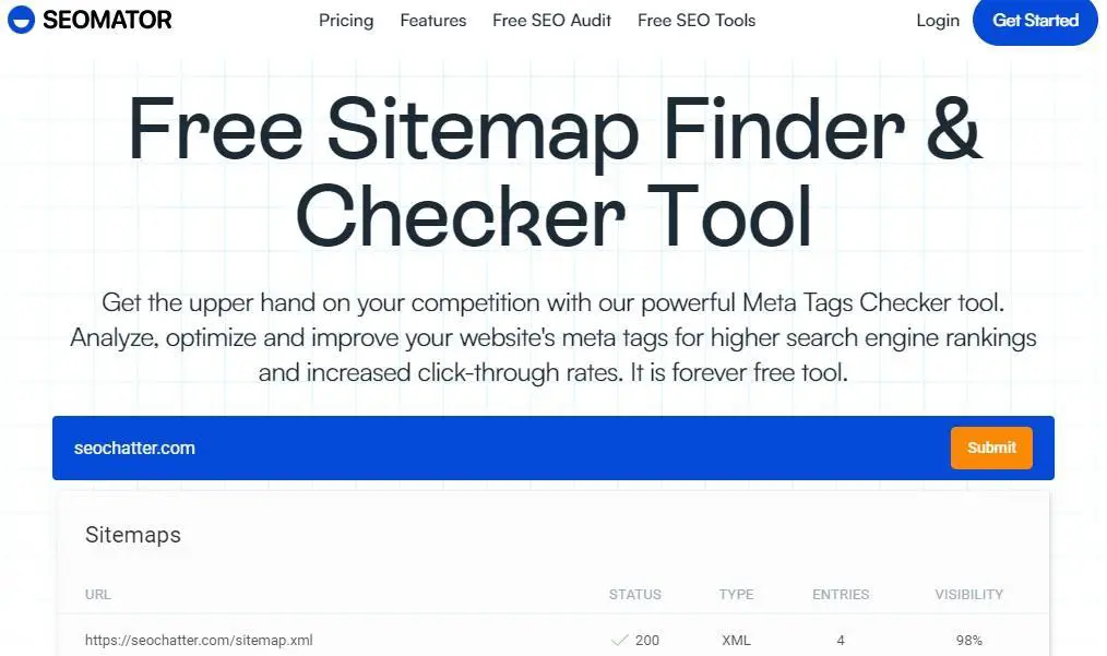 Online sitemap finding tool SEOMator