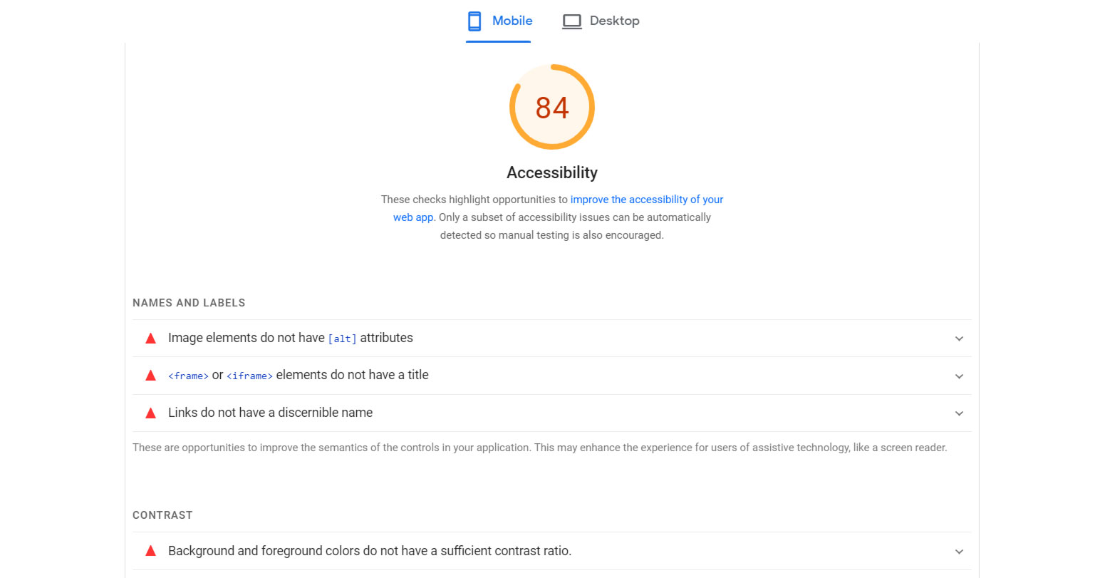 Step 5: PageSpeed Insights Accessibility Score