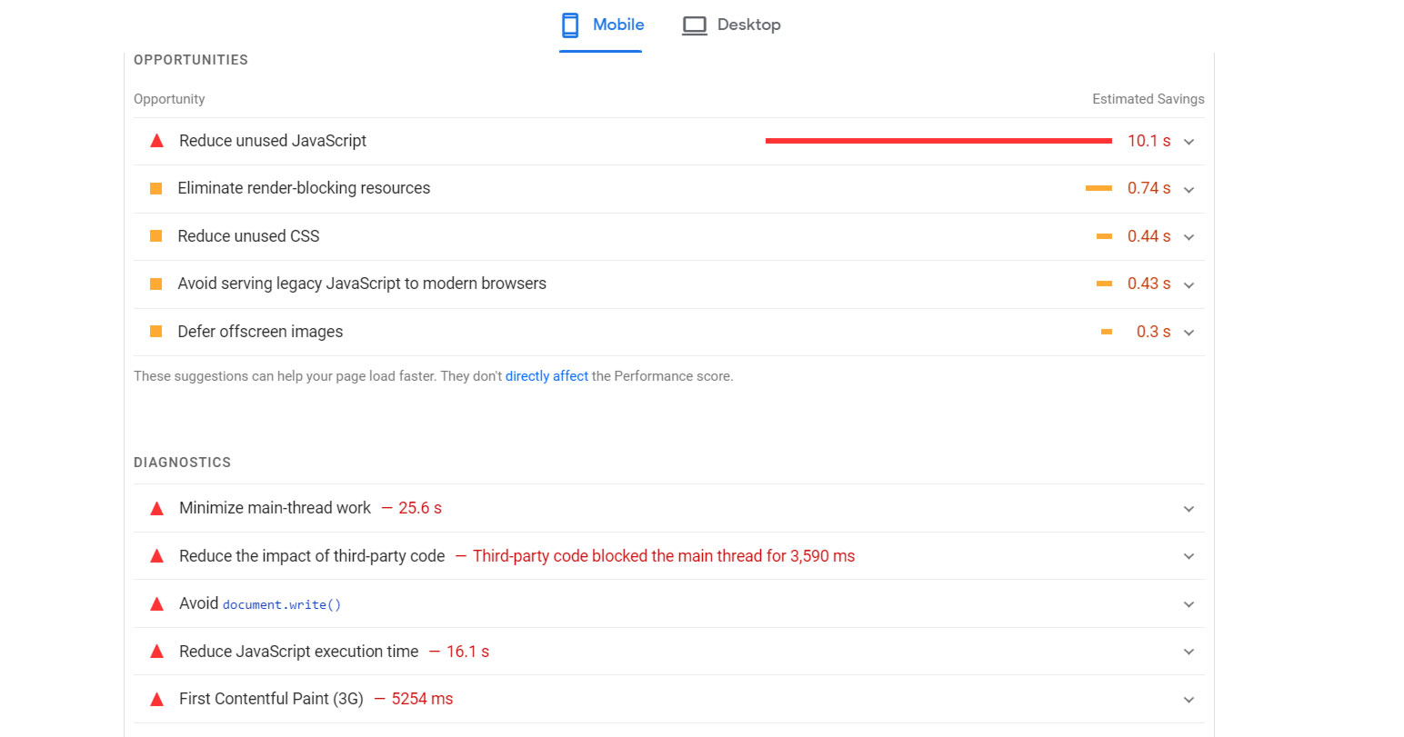 Step 5: PageSpeed Insights Opportunities and Diagnostics