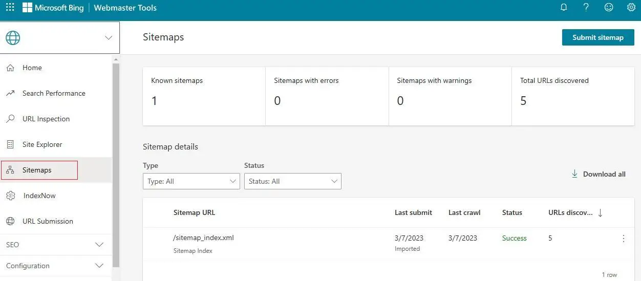 Sitemap location in Bing Webmaster Tools